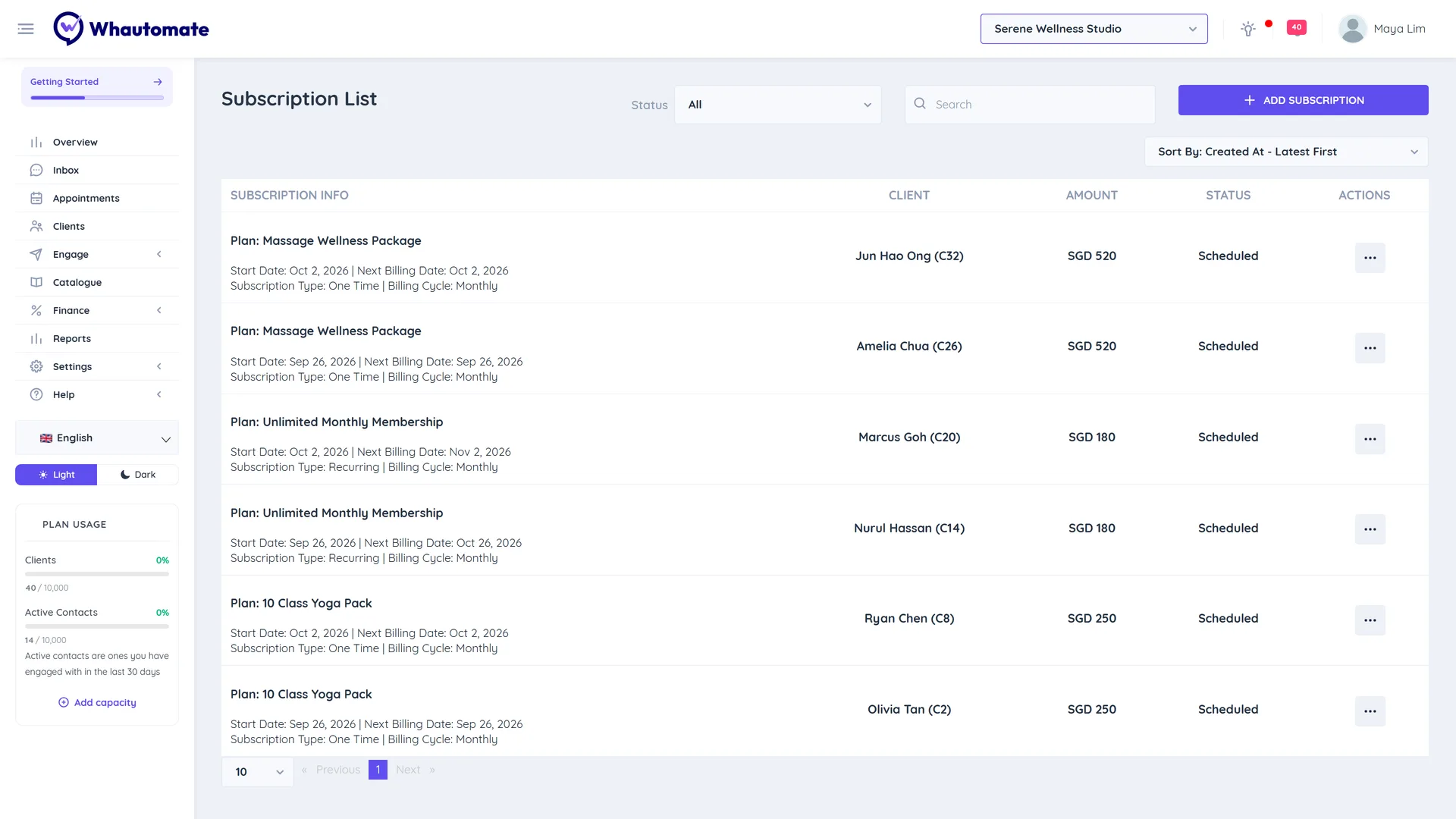 Subscription list with plan, start and next billing dates, client, amount and status for each subscription