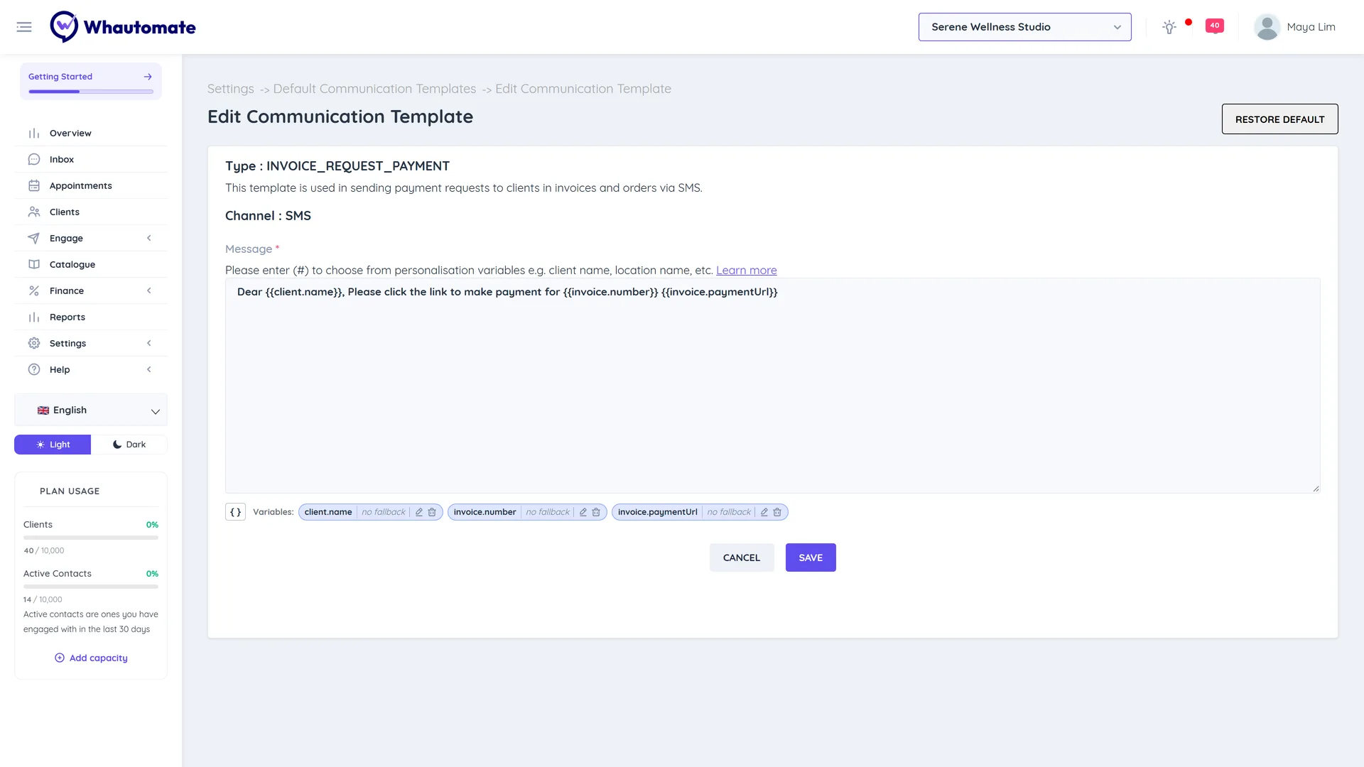 Edit Communication Template for INVOICE_REQUEST_PAYMENT by SMS with a message that includes the client name, the invoice number and the payment link