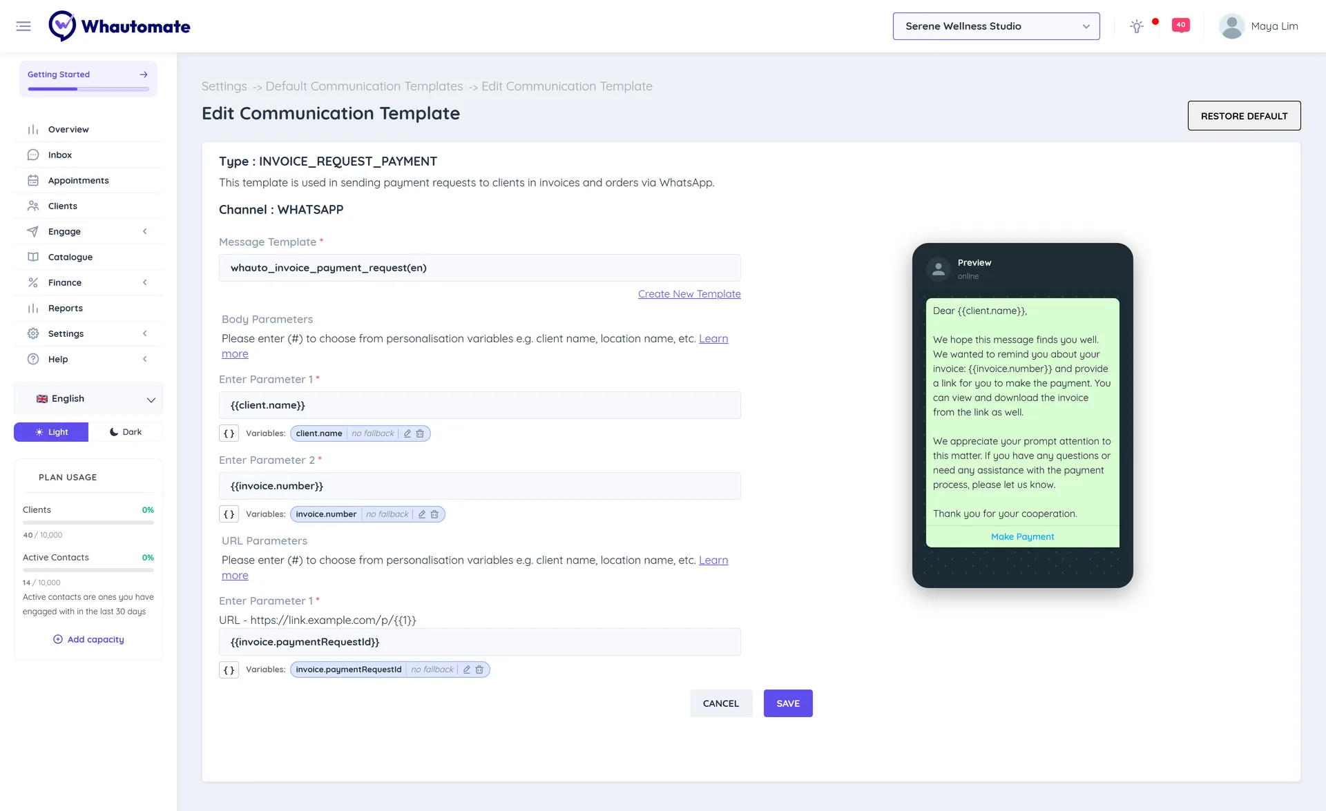 Edit Communication Template for INVOICE_REQUEST_PAYMENT on WhatsApp with the whauto_invoice_payment_request template, body parameters client.name and invoice.number, the payment URL parameter and the message preview with a Make Payment button
