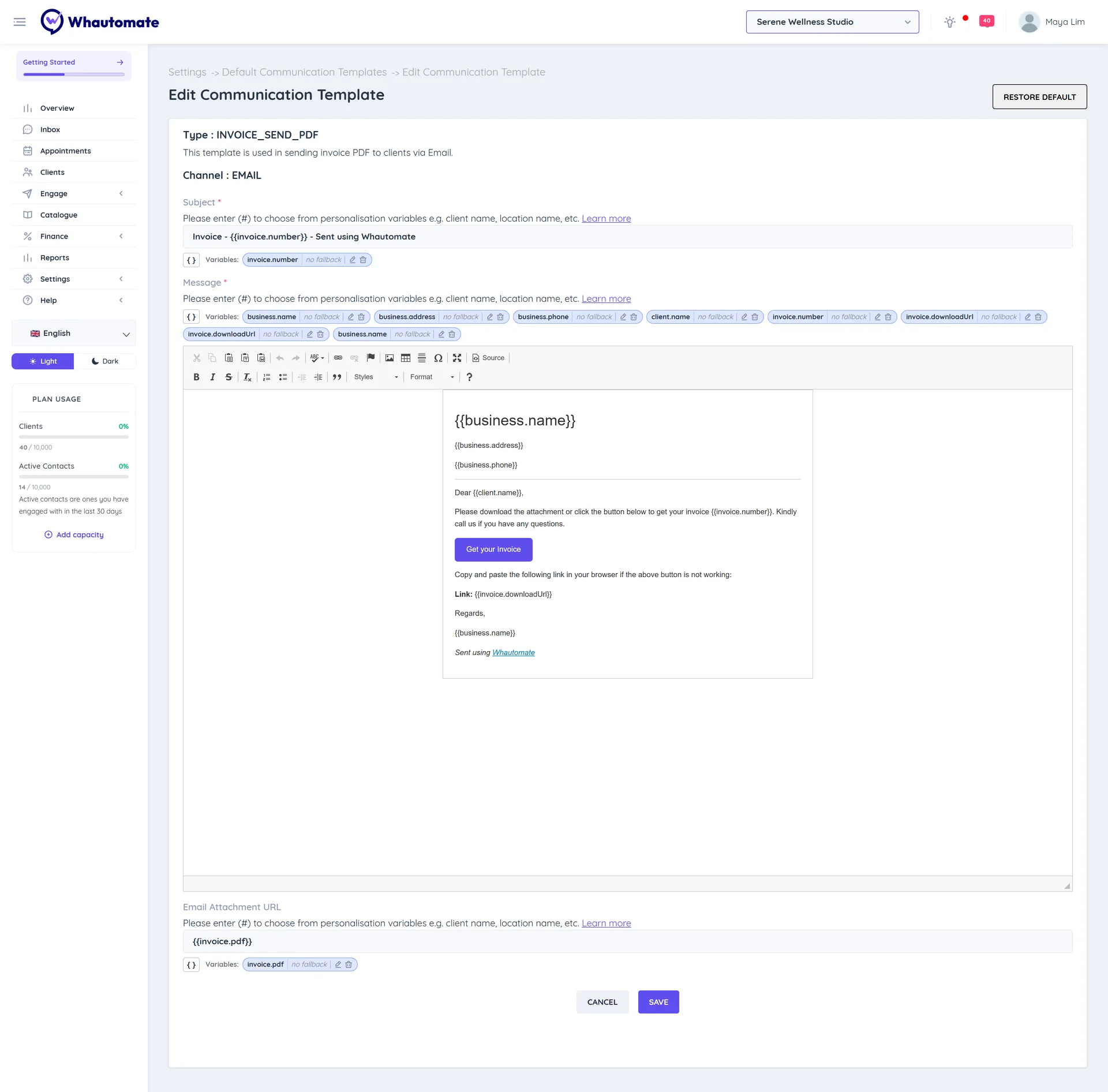 Edit Communication Template for INVOICE_SEND_PDF by email with the Subject, the Message editor with a Get your Invoice button and the download link, and the Email Attachment URL set to the invoice PDF