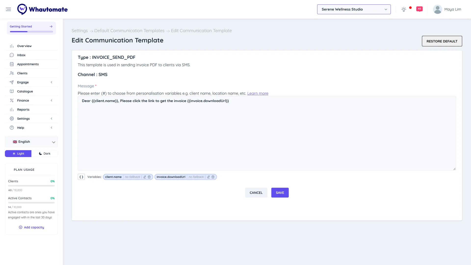 Edit Communication Template for INVOICE_SEND_PDF by SMS with a message that includes the client name and the invoice download link
