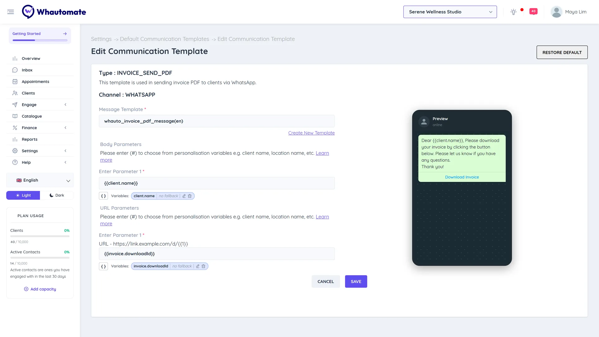 Edit Communication Template for INVOICE_SEND_PDF on WhatsApp with the whauto_invoice_pdf_message template, the client.name body parameter, the invoice download URL parameter and the message preview