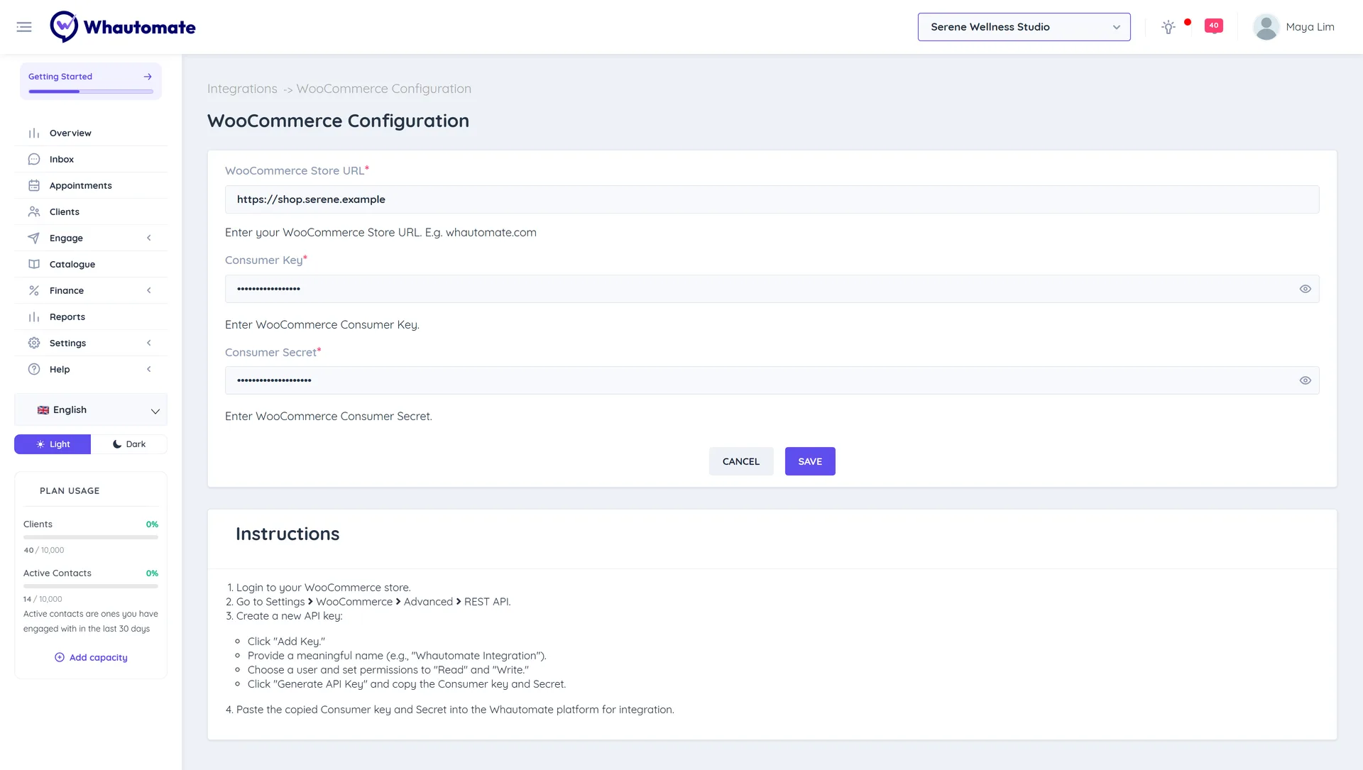 The WooCommerce Configuration page with the store URL filled in, masked Consumer Key and Consumer Secret, the Save button and the setup instructions