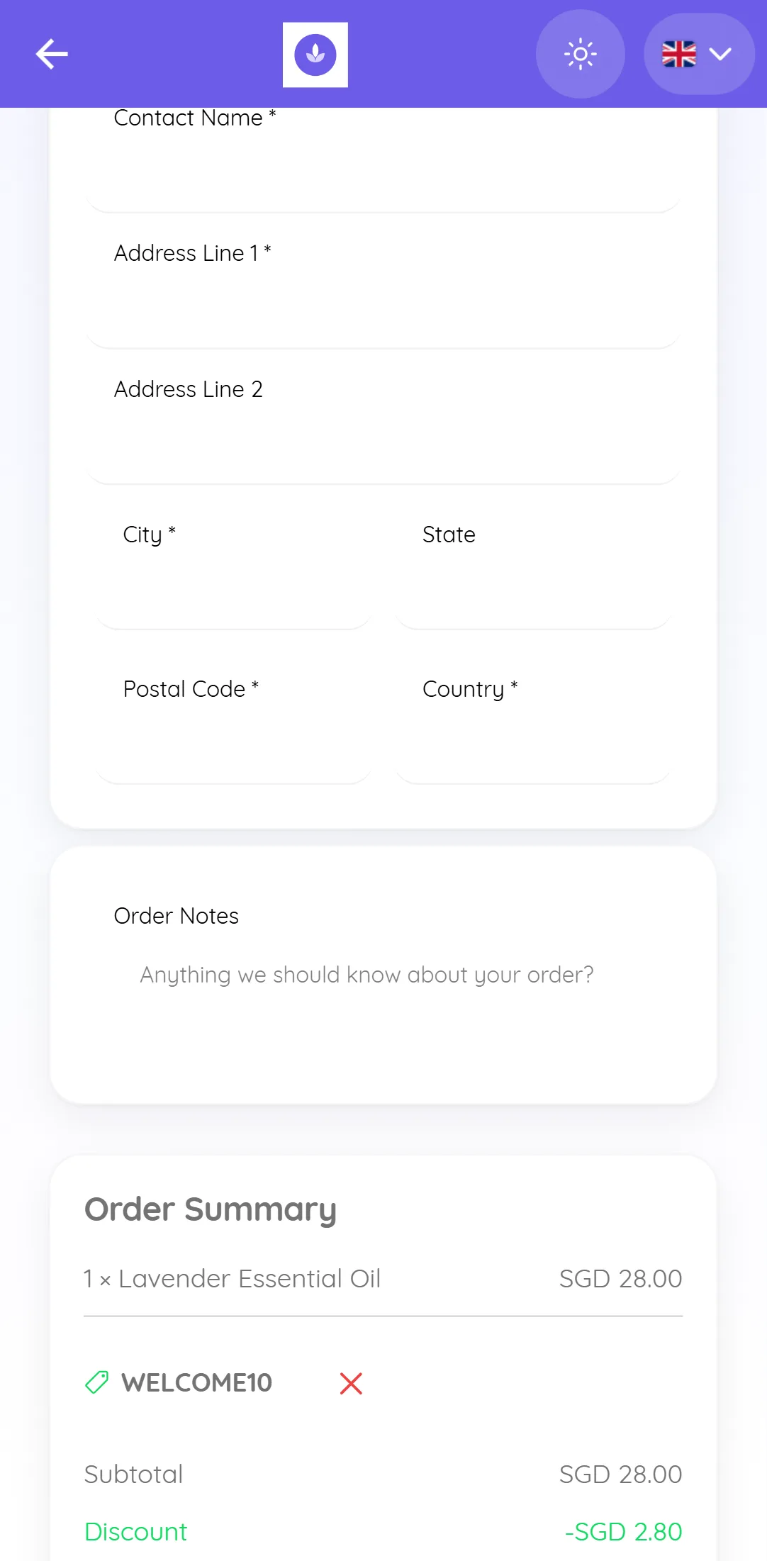 Checkout on a phone with order notes, the WELCOME10 coupon applied and the order summary with subtotal, discount, taxes, shipping, total and the Place Order button