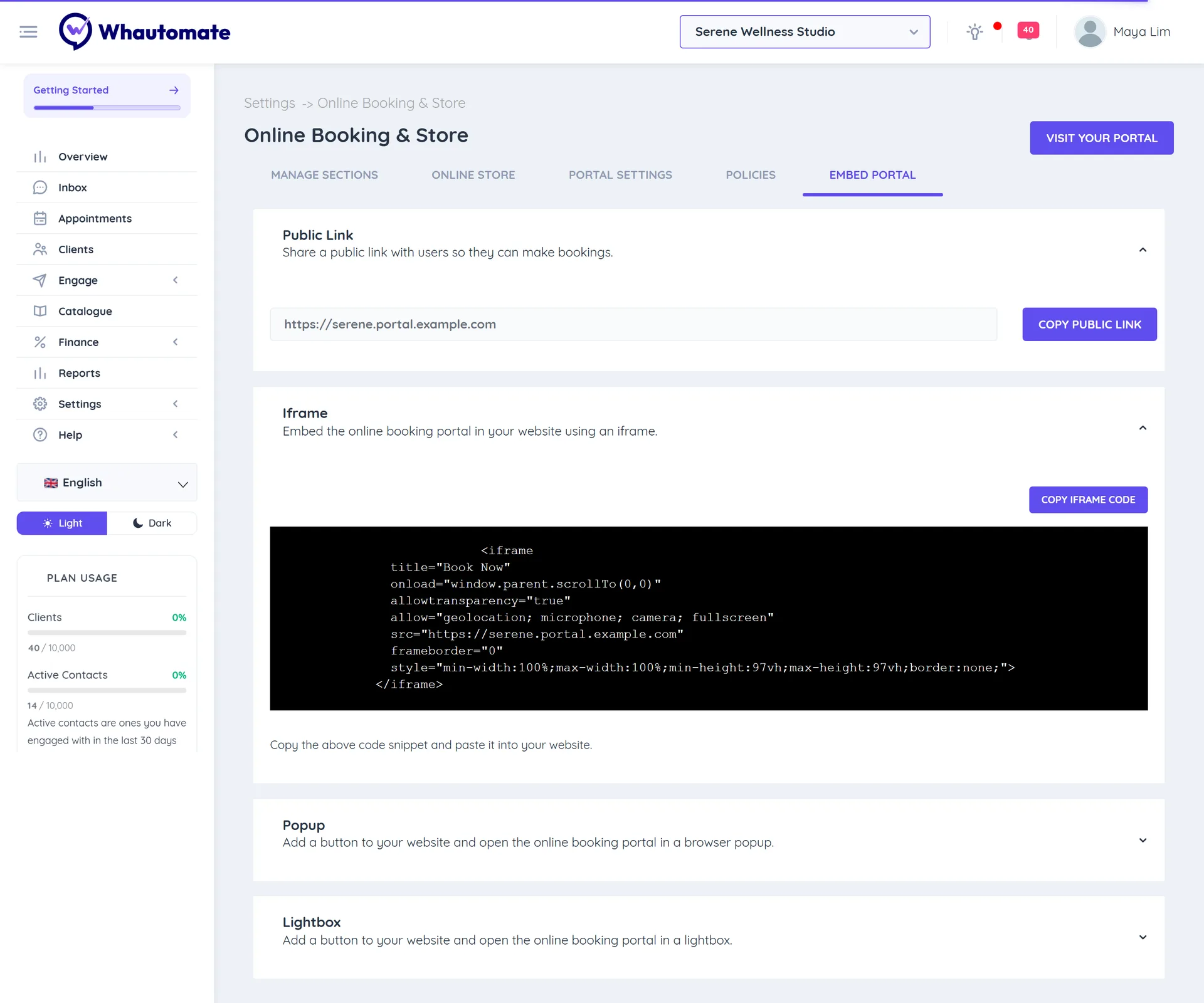 Embed Portal tab with Public Link, Iframe, Popup and Lightbox options for adding the store to a website