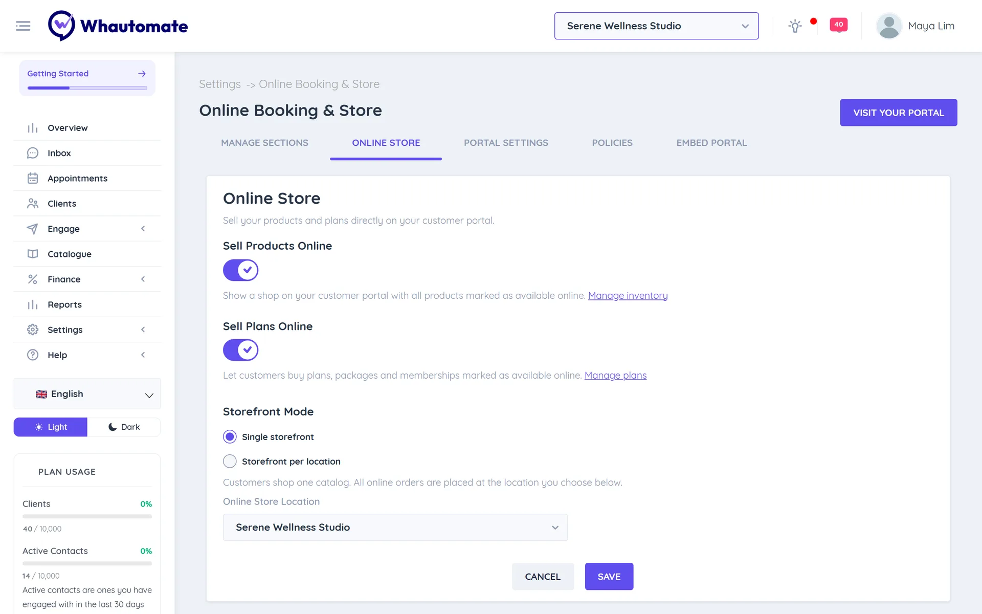 Online Store tab of Online Booking and Store settings with Sell Products Online and Sell Plans Online turned on, Storefront Mode and Online Store Location