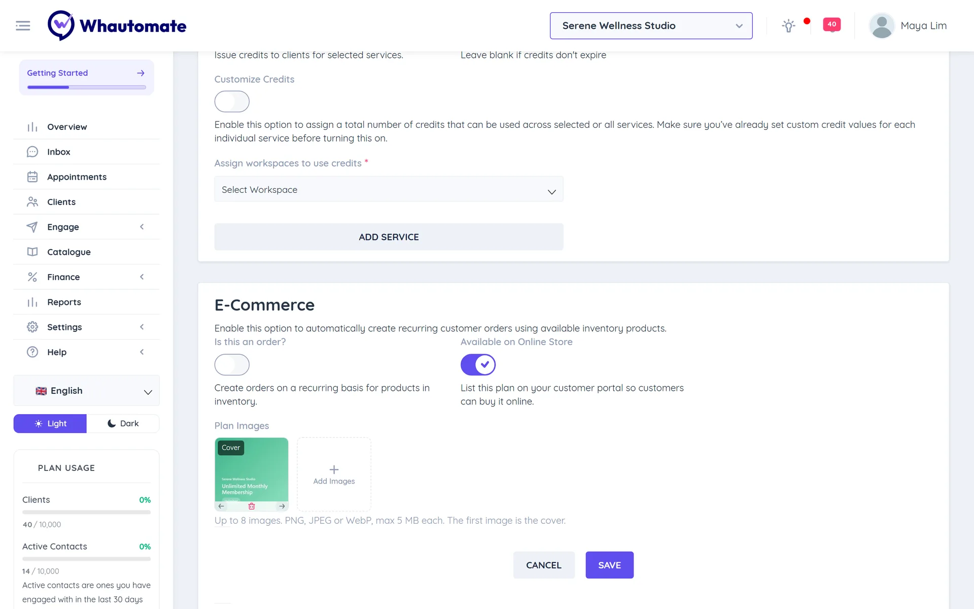 Plan form with the E-Commerce section showing Available on Online Store turned on and plan images