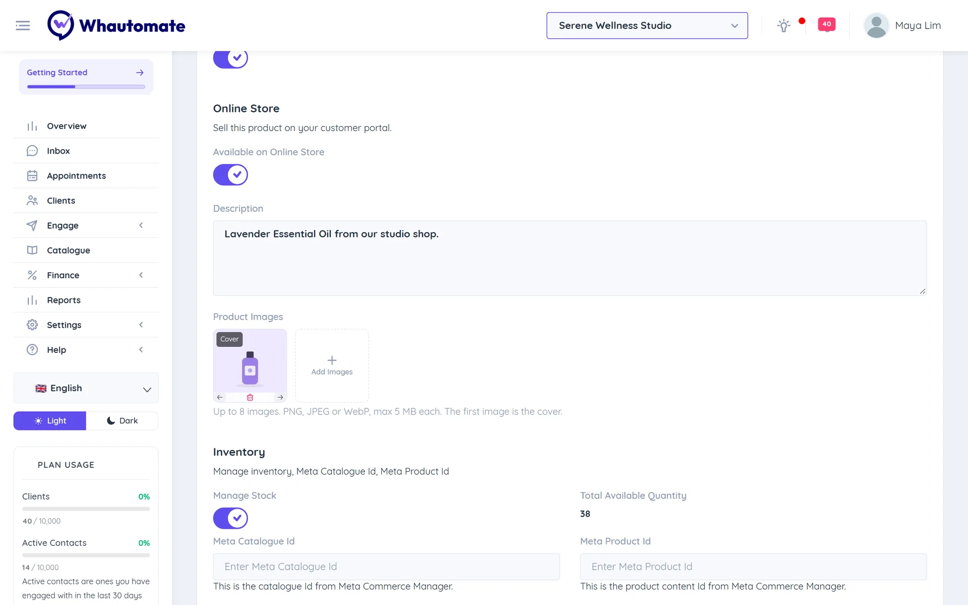 Product form with the Online Store section showing Available on Online Store turned on, a description and product images