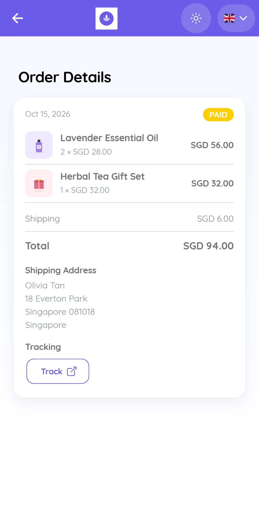 Order Details page on a phone from My Orders with the Paid status, ordered items, shipping, total, shipping address and the Track button
