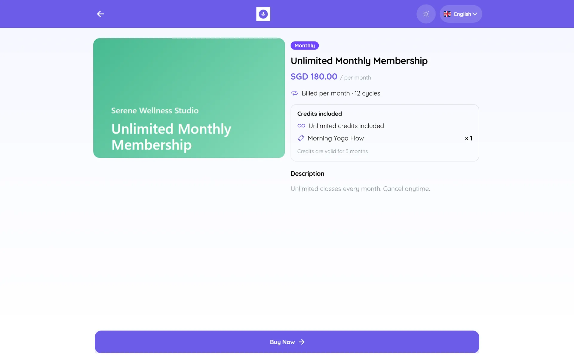 Plan page on a computer for the Unlimited Monthly Membership showing the monthly price, credits included and a Buy Now button