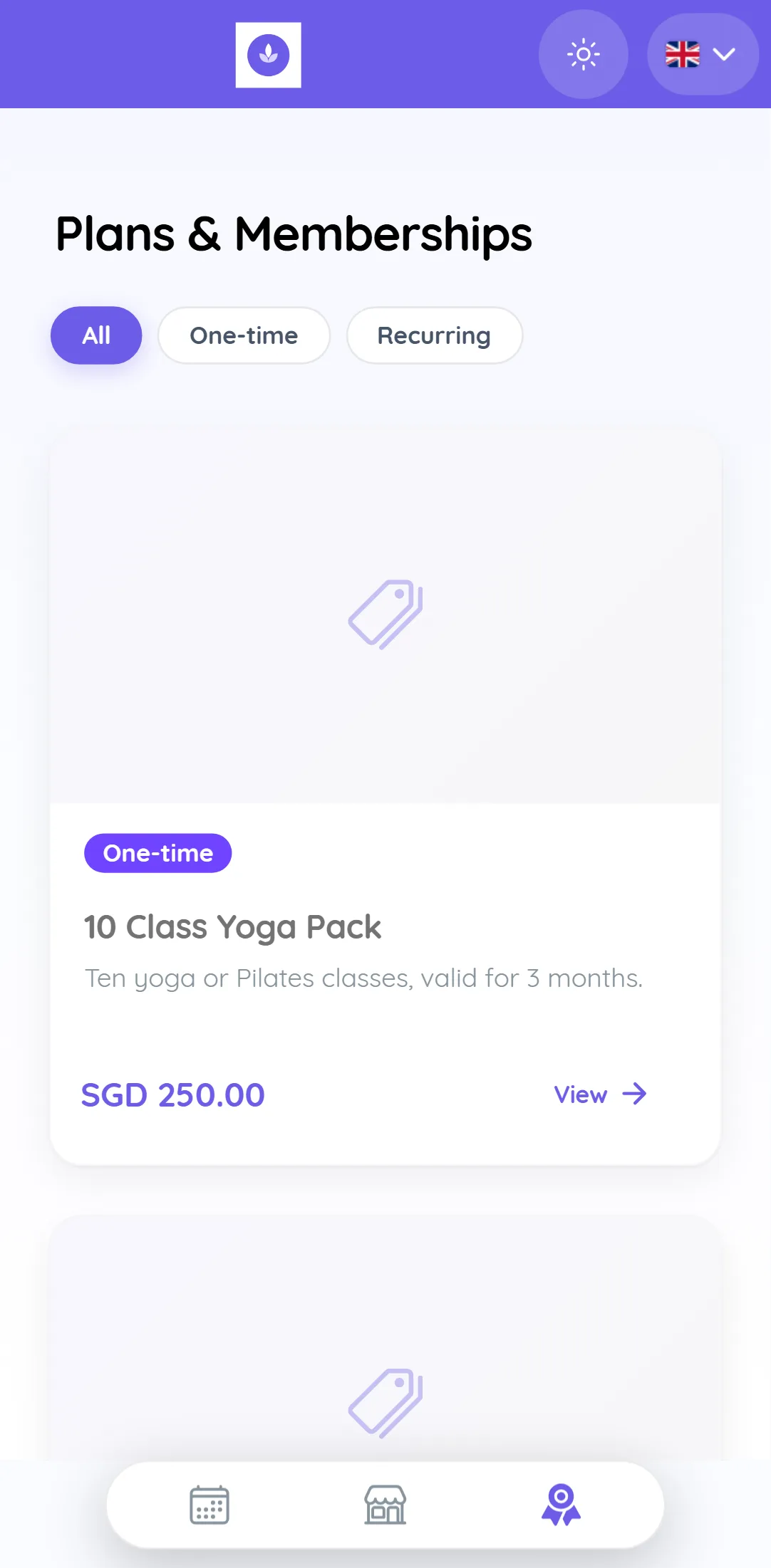 Plans and Memberships page on a phone with the All, One-time and Recurring filters and the 10 Class Yoga Pack card with its One-time badge and price