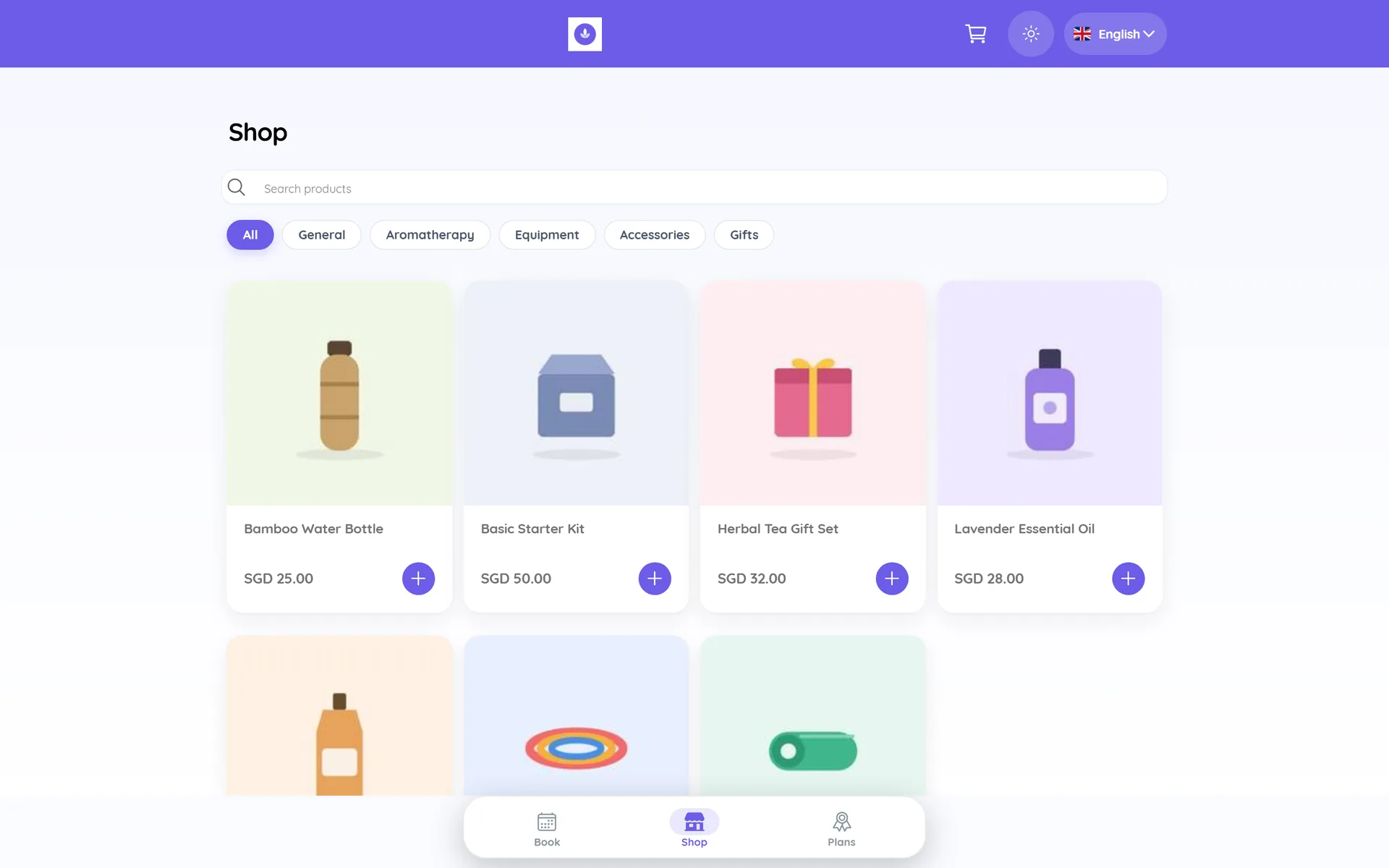 Online store on a computer showing a product grid with Bamboo Water Bottle, Herbal Tea Gift Set and Lavender Essential Oil, a search bar and category filters
