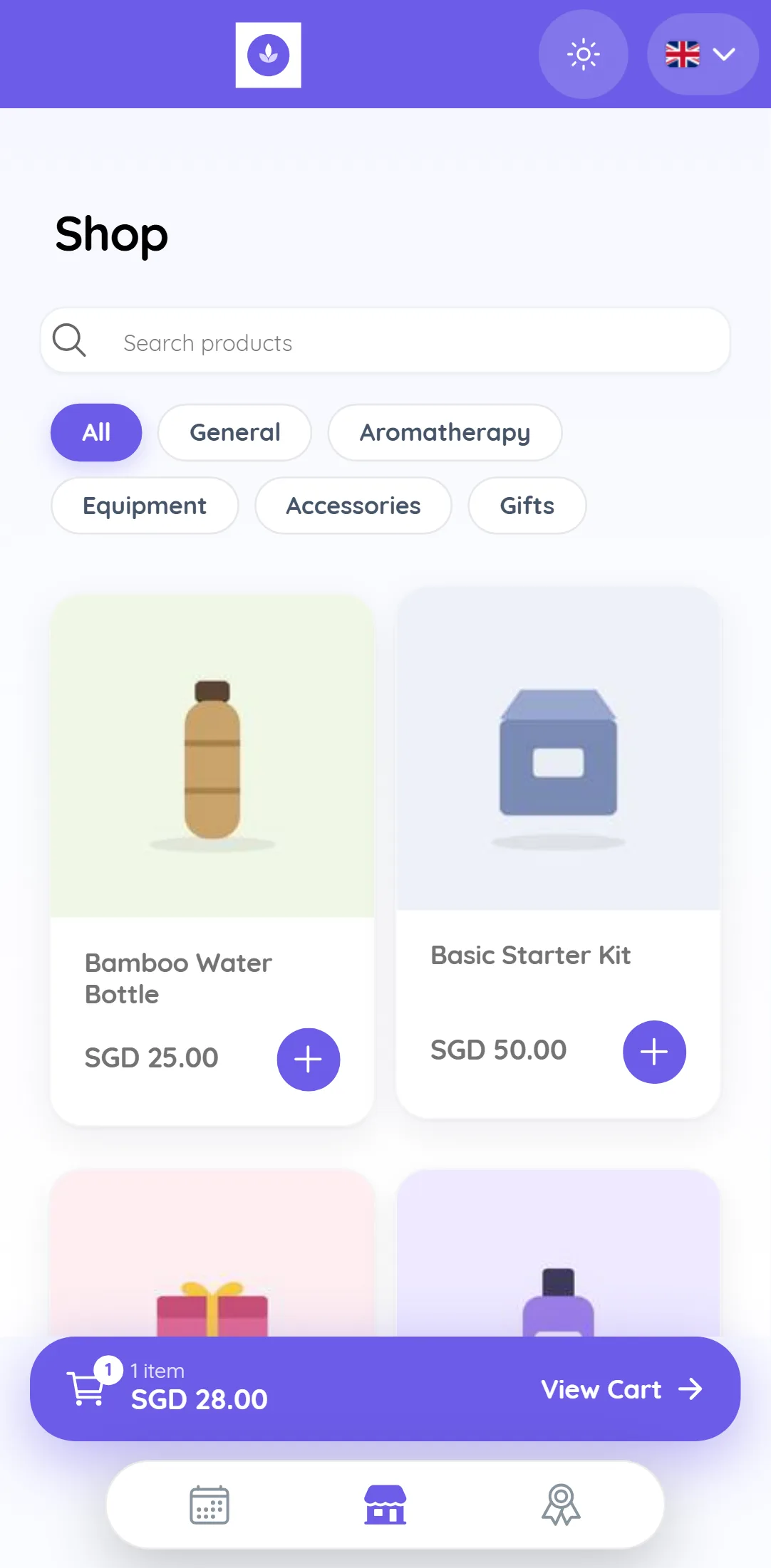 Online store on a phone with a two-column product grid, category chips, the floating cart bar and the Book, Shop and Plans tabs