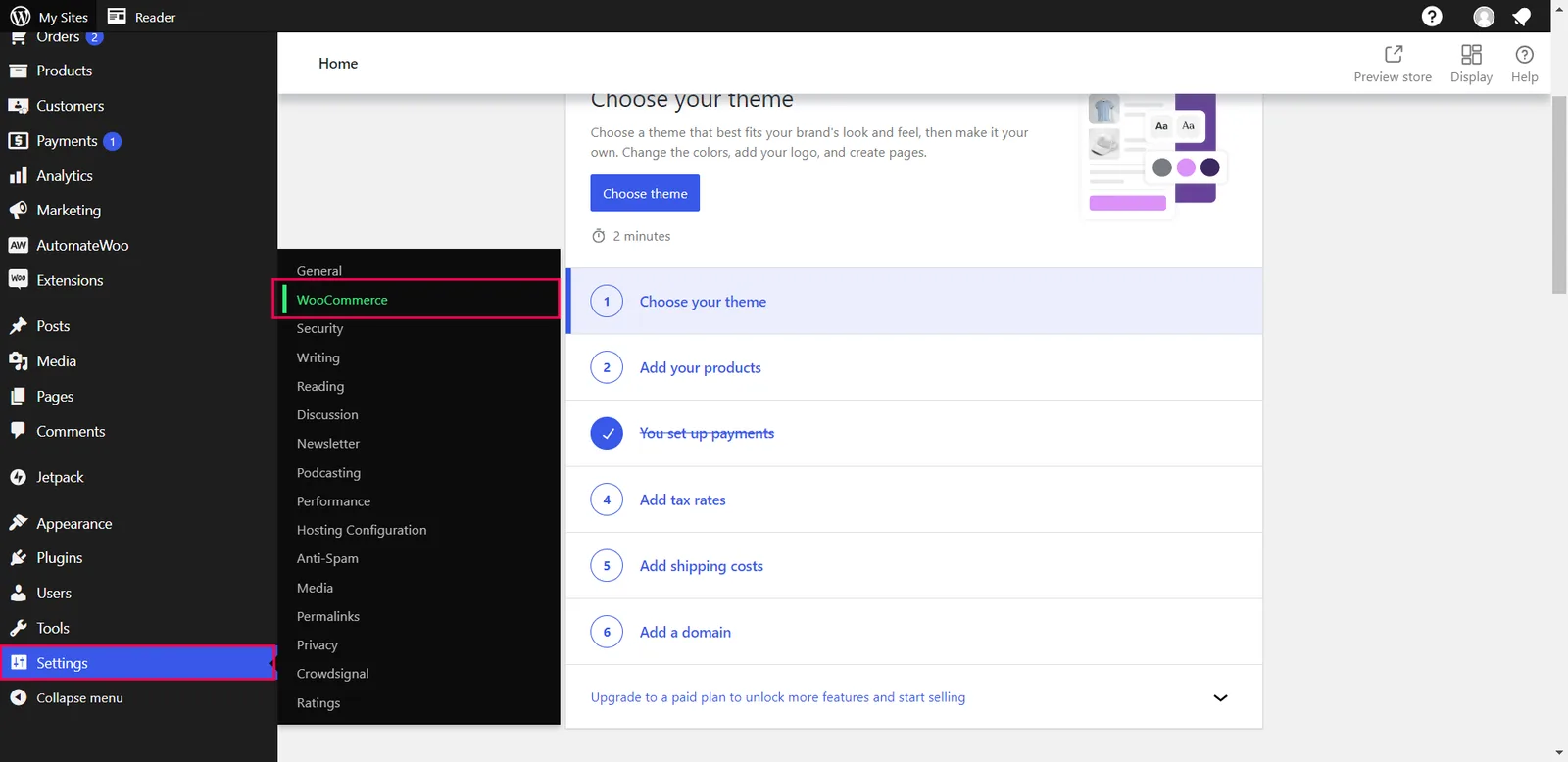 The WordPress Settings menu with WooCommerce highlighted