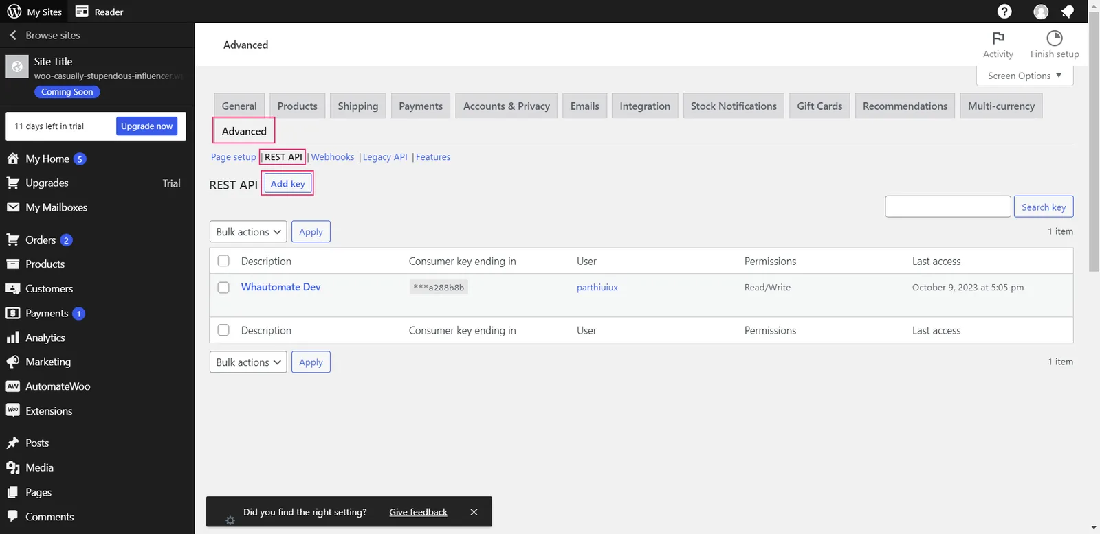 The REST API section under WooCommerce Advanced settings with the Add key button