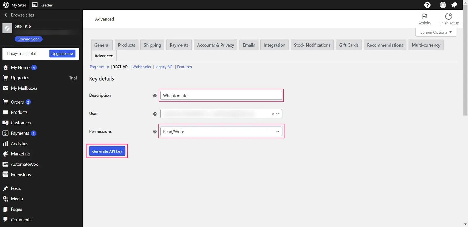 WooCommerce Key details with the description, user, Read/Write permissions and the Generate API key button