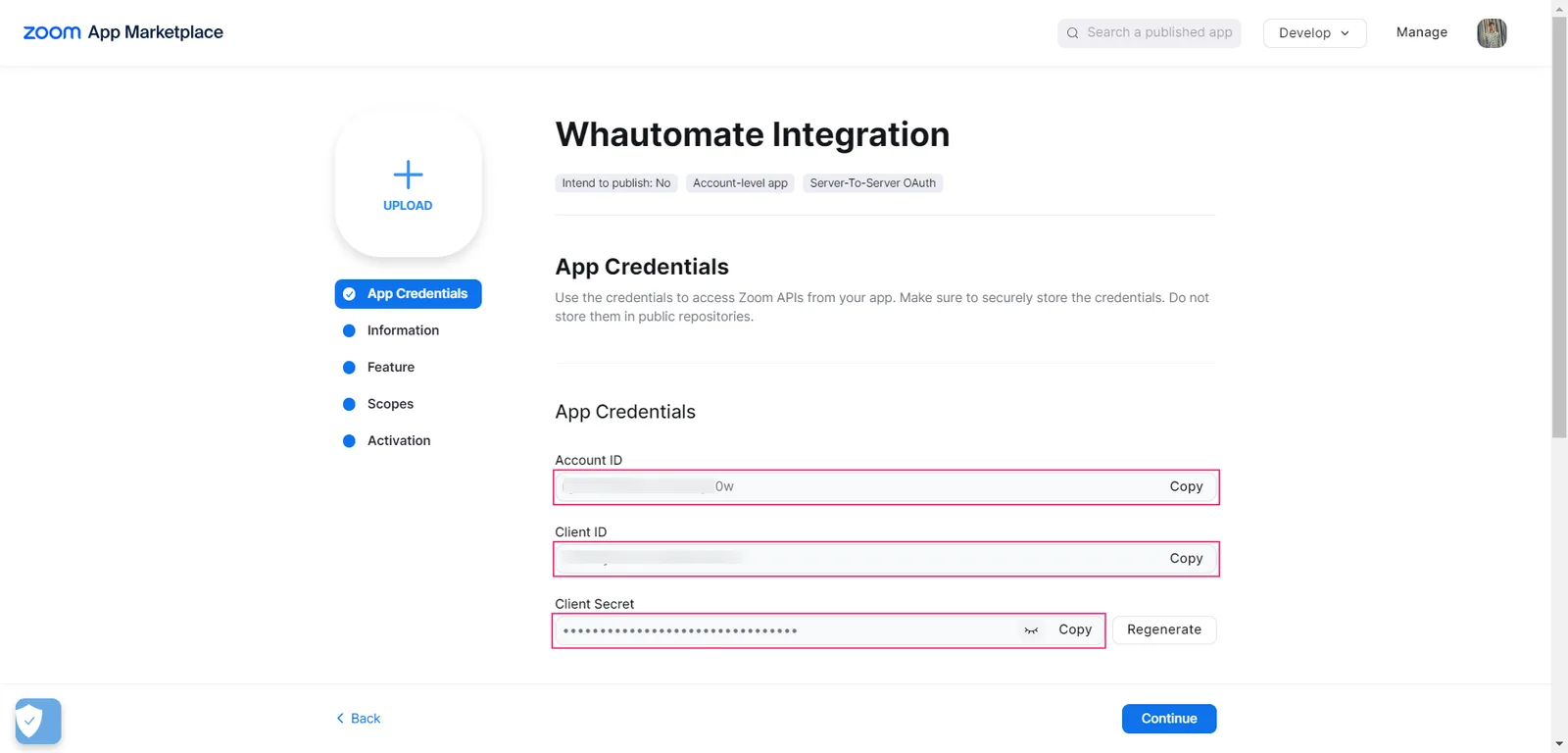The App Credentials section of the Zoom app with the Account ID, Client ID and Client Secret